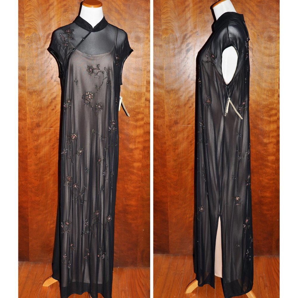 Vintage Amanda Smith Oriental Sheer Black Sequin Beaded Mandarin Gown 2 Piece